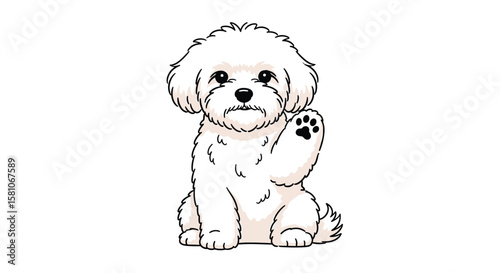 Adorable Bichon Frise Dog Waving Hello with a Friendly Paw Gesture