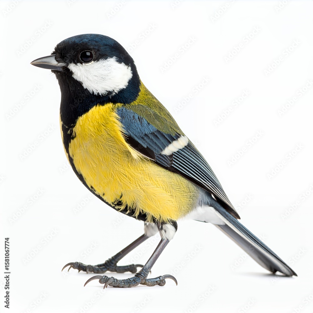 Obraz premium Vibrant great tit bird showcasing detailed plumage, a naturalistic composition on white background