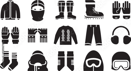 Winter Sportswear and Gear Collection Warm Clothing for Outdoor Activities and Cold Weather Adventures Black and White Vector