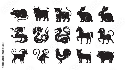 Lunar Zodiac A Silhouette Collection of Chinese Zodiac Animals for Astrological Charts and Cultural Celebrations