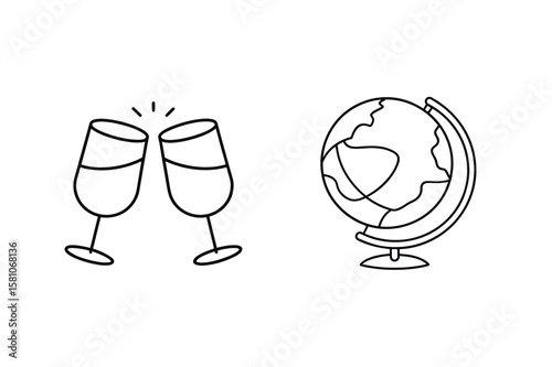 Champagne glasses clinking near globe toast celebration