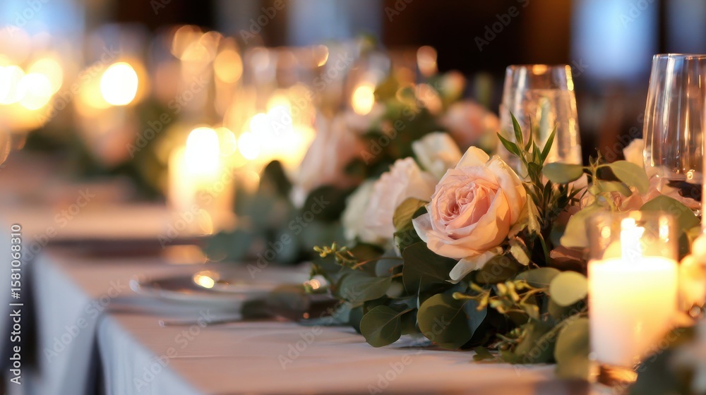 Obraz premium Elegant dinner setting with soft candlelight and floral centerpieces at a banquet table