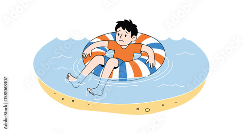 Young Boy Floats on Inner Tube in Sunny Ocean Water with Sandy Shoreline