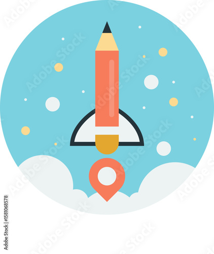 Illustration of a pencil rocket launching from a location pin, surrounded by clouds and stars against a blue circular background.