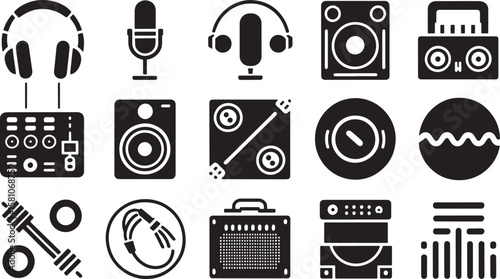 Studio Equipment Icons Set Audio Production Gear Sound Recording Tools and Instruments for Professional Audio Engineering
