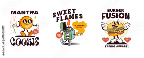 Retro-style cartoon illustrations of a cookie, lighter, and burger for apparel design.