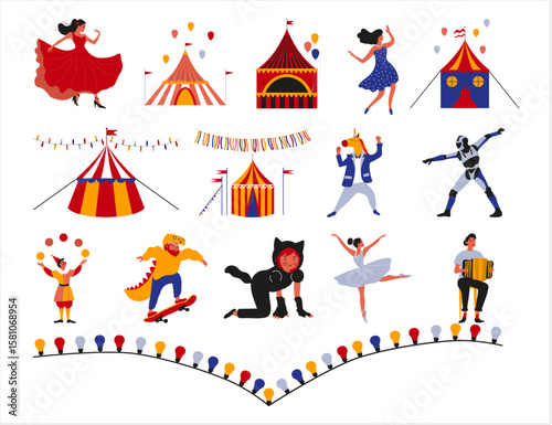 Colorful Circus Entertainment Set with Diverse Performers