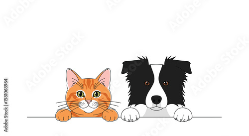 Charming Kitten and Playful Puppy Peeking Over a Line Together