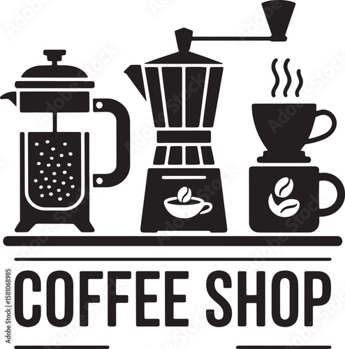 Coffee brewing equipment and shop sign french press
