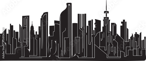 Detailed Silhouette of a Modern City Skyline with Towering Skyscrapers and Unique Architectural Designs Against a Transparent Backdrop