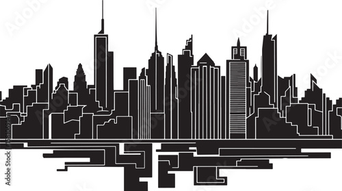 Detailed Silhouette of a Modern City Skyline with Towering Skyscrapers and Unique Architectural Designs Against a Transparent Backdrop