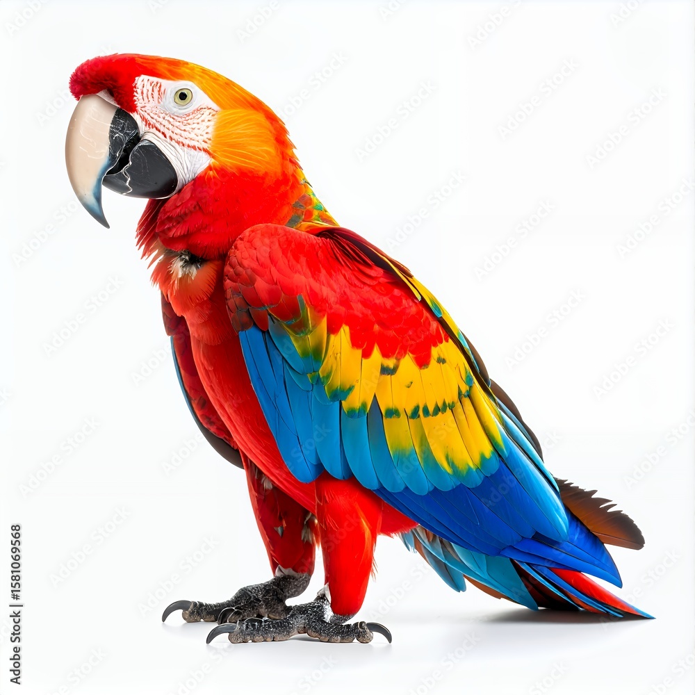 Fototapeta premium Vibrant plumage of a macaw parrot, showcasing striking colorful feathers on white background
