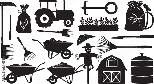 Farming and Gardening Tools Vector Collection Agricultural Equipment Silhouettes for Cultivation and Rural Lifestyle Projects