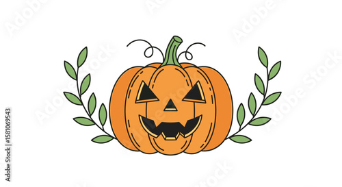 Whimsical Jack O Lantern with Leafy Branches Festive Autumn Halloween Decoration