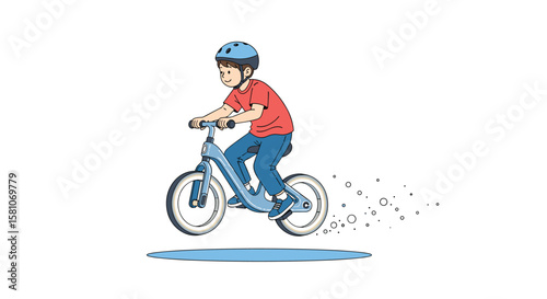 Joyful young boy wearing a helmet rides his bicycle through puddles leaving a trail of splashing water behind him