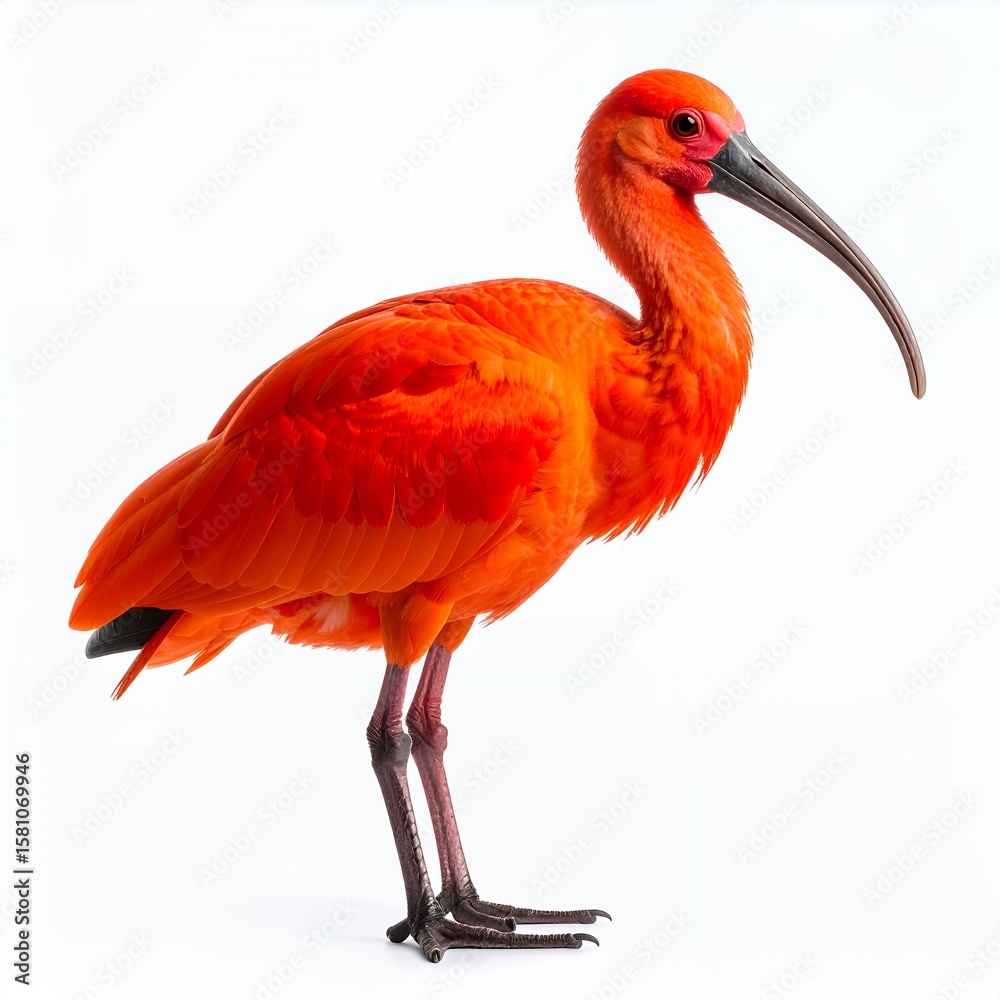 Fototapeta premium Striking scarlet ibis portrait, showcasing vibrant plumage and sleek silhouette on white background