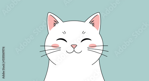 Adorable Kawaii White Cat with Blush Cheeks Smiling Happily in a Light Blue Background