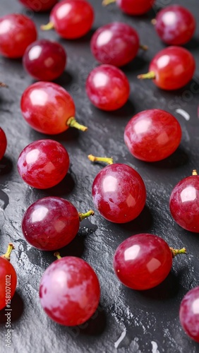Rows of plump red grapes on dark slate