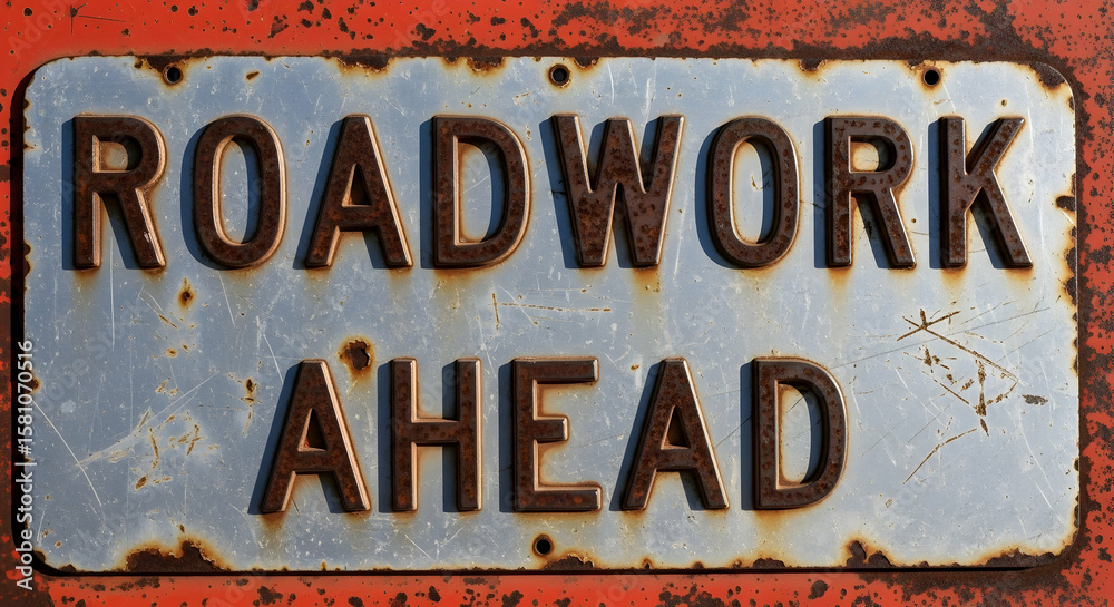 Fototapeta premium Aged Roadwork Ahead Sign with Rust and Weathering conveying road construction information