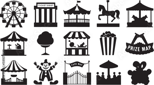 Amusement Park Silhouette Collection Funfair Attractions Carnival Elements Ferris Wheel Ticket Booth Carousel Popcorn Prize Map