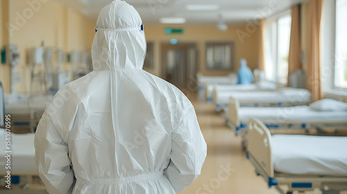 Healthcare worker in full protective suit stands in an empty hospital ward, ready to assist patients during a pandemic or outbreak. Vigilance and care.