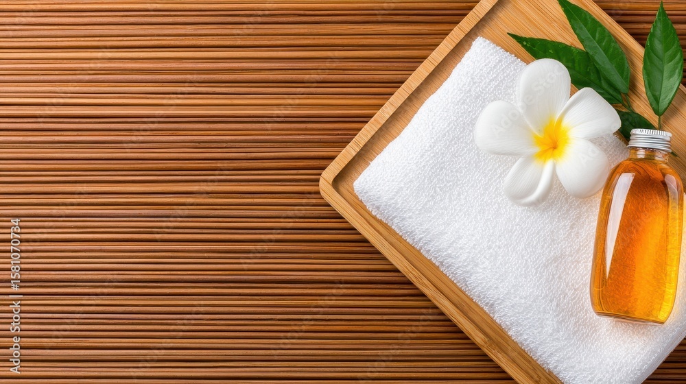 Fototapeta premium Spa setting with a wooden tray, towel, flower, and essential oil bottle on a textured background