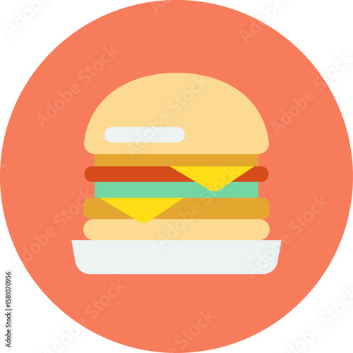 Burger Delight Icon: A mouthwatering burger illustration on a circular background, perfect for a range of culinary projects.