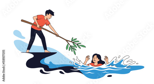 Man Reaches Out With Branch to Save Woman Struggling in Water