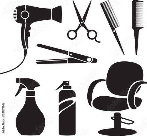 Hairdressing tools including dryer scissors combs straightener and chair hairdryer sprayer