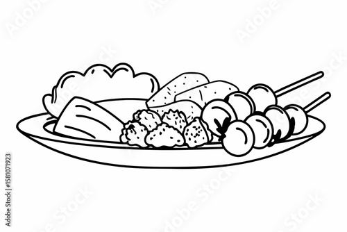 Delicious cartoon illustration of a plate of indonesian satay and side dishes