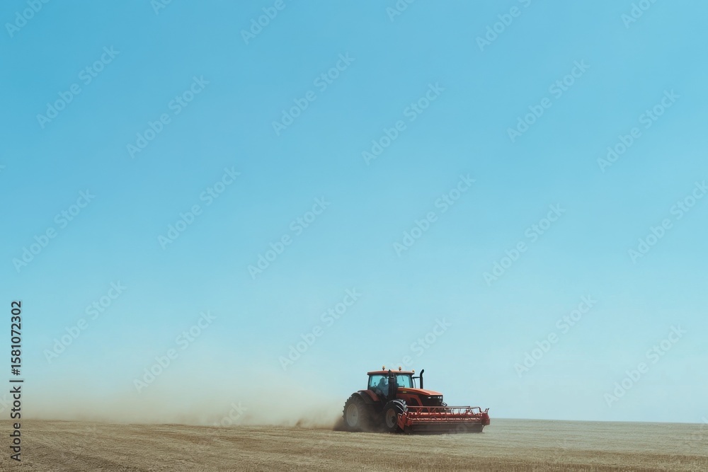 Fototapeta premium Red agricultural tractor plowing a vast field under a clear blue sky, creating a cloud of dust, showcasing the farming process and rural landscape in action