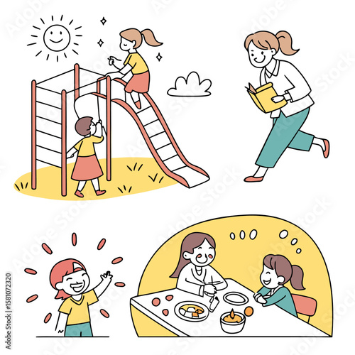 Illustration showing children playing on a slide and eating with an adult reading a book in the background