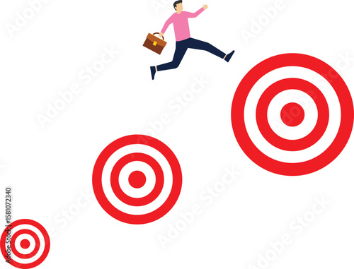 Business target, Goal achievement. Aiming, Aspirations, Achievement. Businessman jumping towards a larger goal. Illustration