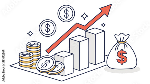 Investment growth chart with arrow and money bag showing financial success and business profit increase concept