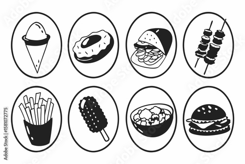 Collection of popular fast food and dessert icons in black and white