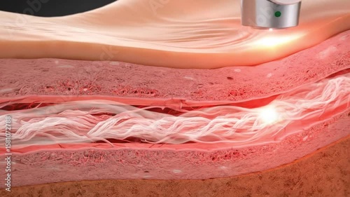 3D animation of laser skin treatment showing red light penetrating tissue layers – concept of cosmetic therapy, collagen regeneration, anti-aging skincare, and dermatological medical technology

