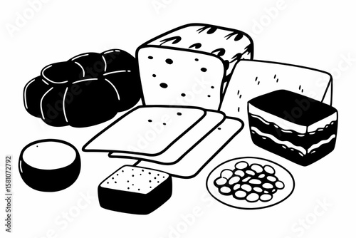 A delicious assortment of baked goods and snacks in black and white