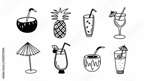 Hand drawn tropical drinks and pineapple icons for summer fun