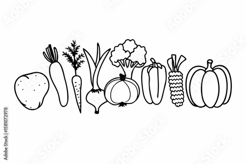 A whimsical line drawing of assorted fresh vegetables on a white background