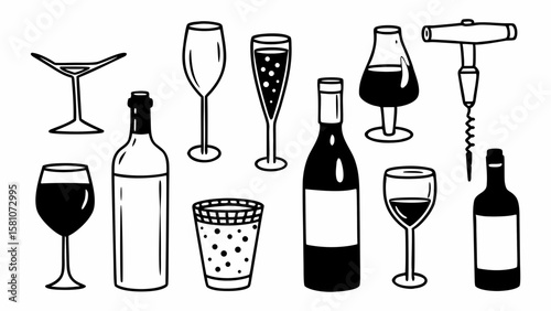 Collection of hand drawn wine bottles glasses and corkscrew illustrations