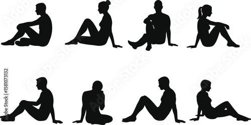 Sitting poses cad drawing flat vector illustration, eight black silhouettes showing varied seated positions and gestures, front view ergonomic layoutSitting poses cad drawing flat vector illustration
