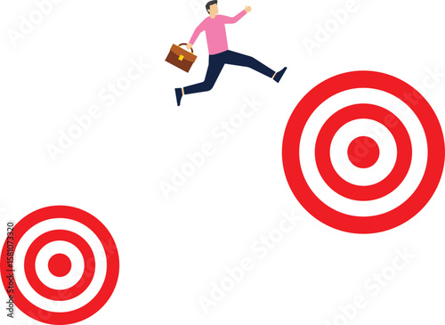 Business target, Goal achievement. Aiming, Aspirations, Achievement. Businessman jumping towards a larger goal. Illustration