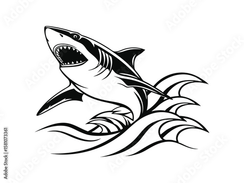 A shark fin emerging from the water, black silhouette vector on a white background. Abstract black shark emerging on a white background