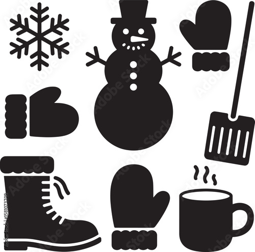 Winter objects snowflake snowman mittens boot mug broom vector