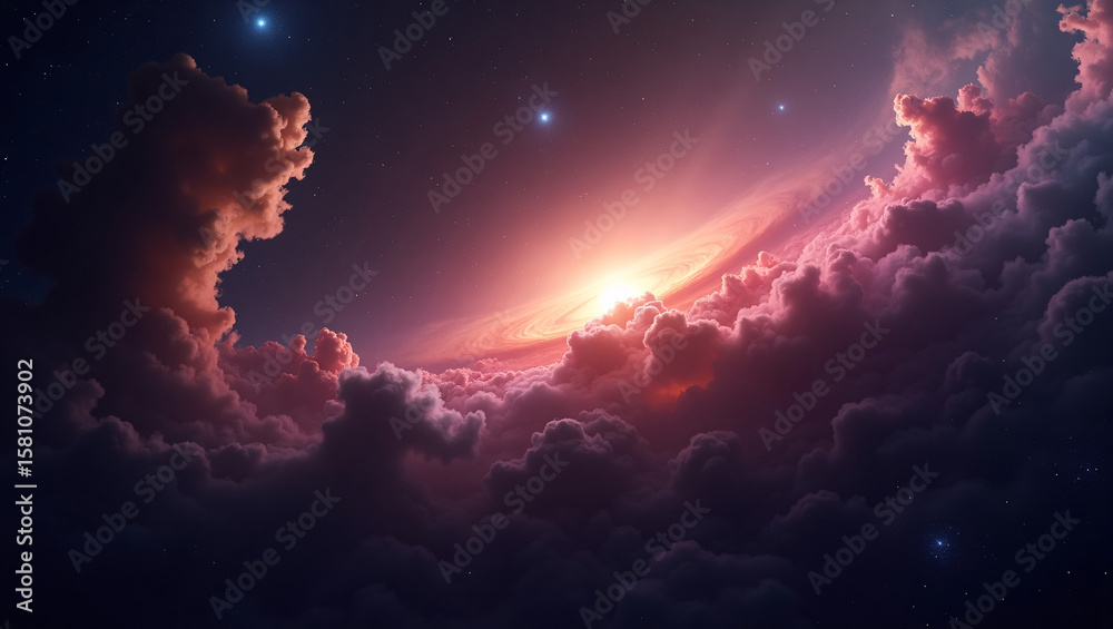 Naklejka premium A dreamy sky scene with fluffy clouds, a bright light, and stars in the background.