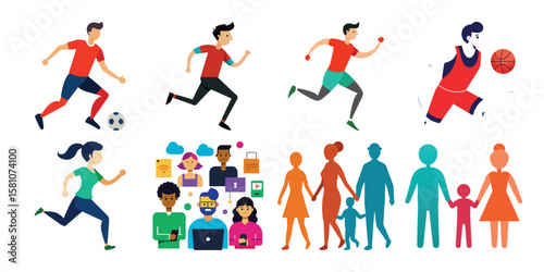 Diverse people engaging in sports, family activities, and social media