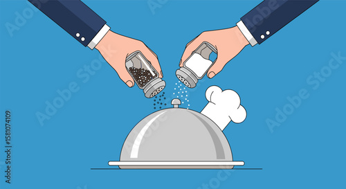 Chefs Hands Seasoning Food Under Silver Cloche with Pepper and Salt