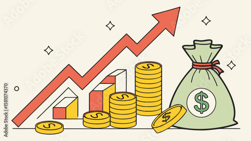 Investment growth chart with money bag and coins showing financial success and increasing revenue stream