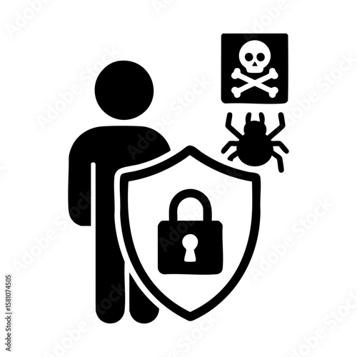 Cybersecurity icon with person shield lock malware and virus protection elements
