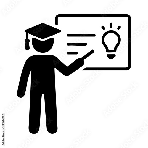 Graduated teacher presenting educational content with light bulb icon